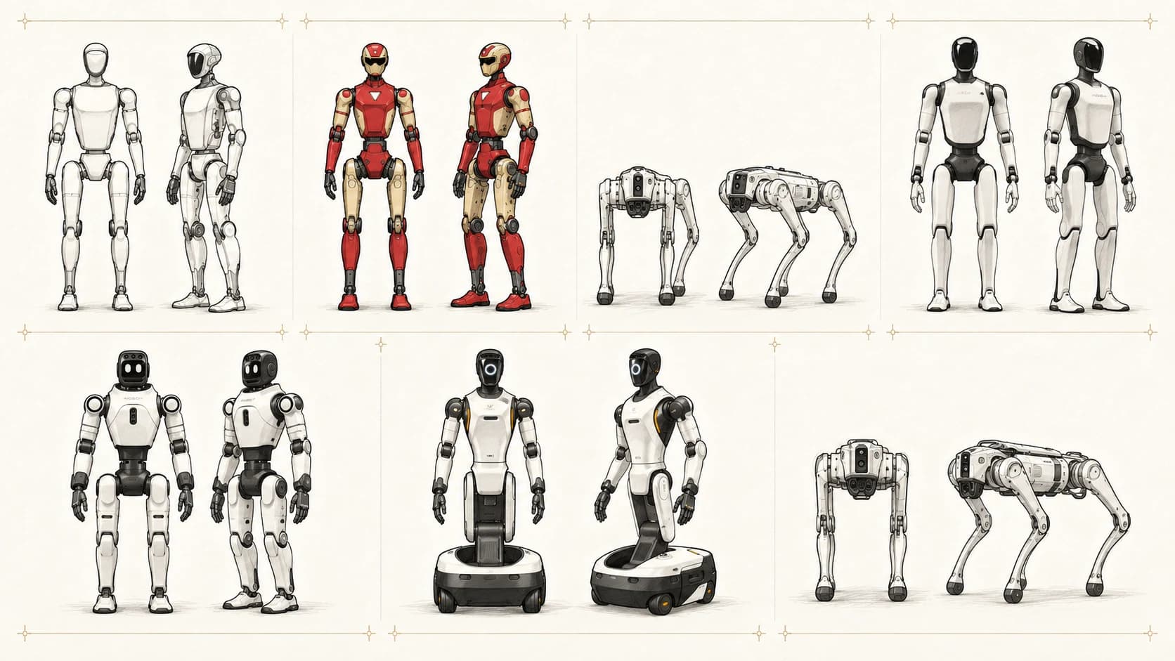 Generated concept atlas of G1, R1, Go2, AGIBOT A3, X2, G2 and D1 in front and angled studies