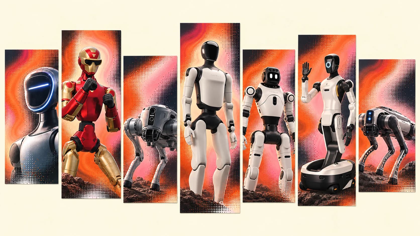 Generated seven-panel orange and pink halftone concept of G1, R1, Go2, AGIBOT A3, X2, G2 and D1