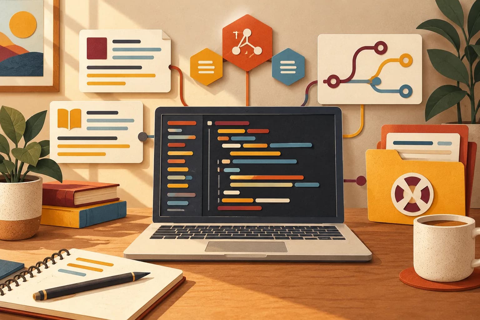 Illustrated laptop with abstract code blocks, linked documentation cards, and software modules.