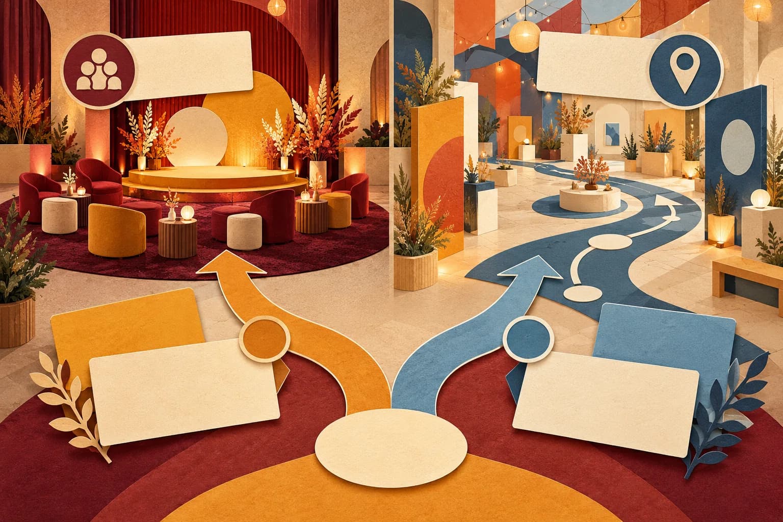 Paper-cut illustration comparing two event layouts: an intimate stage setting and a guided venue route.