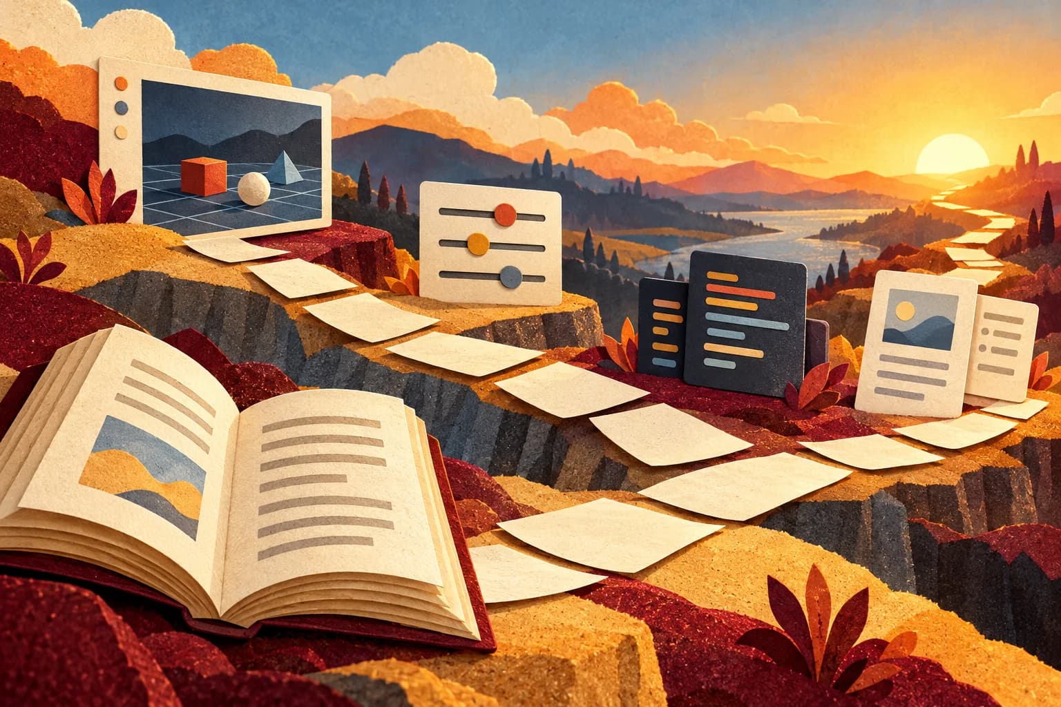 Illustrated learning path linking an open book, simulation, controls, code, and documentation.