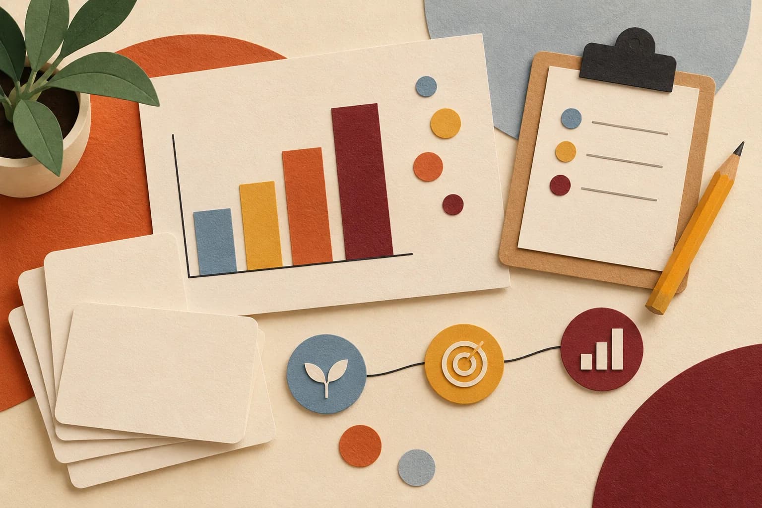 Editorial illustration of blank feedback cards, an unlabeled outcome chart, and measurement markers.