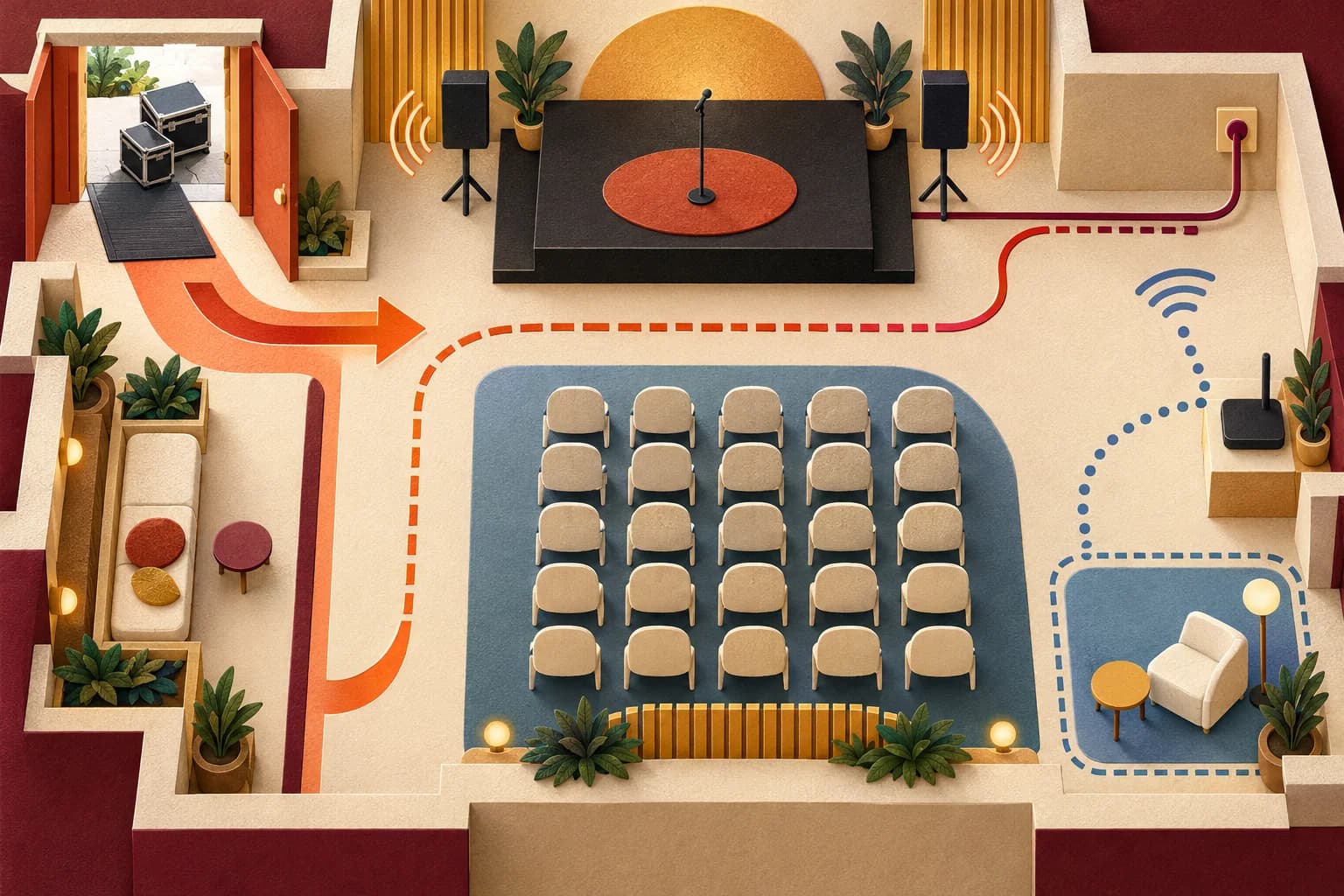 Illustrated venue plan showing an accessible load-in route, movement area, power, sound, and connectivity.