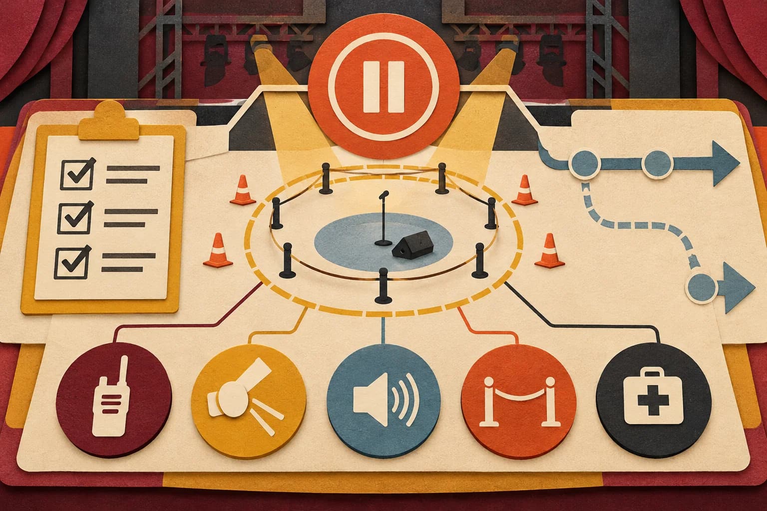 Illustrated show-control checklist with a pause marker, demo boundary, and contingency route.