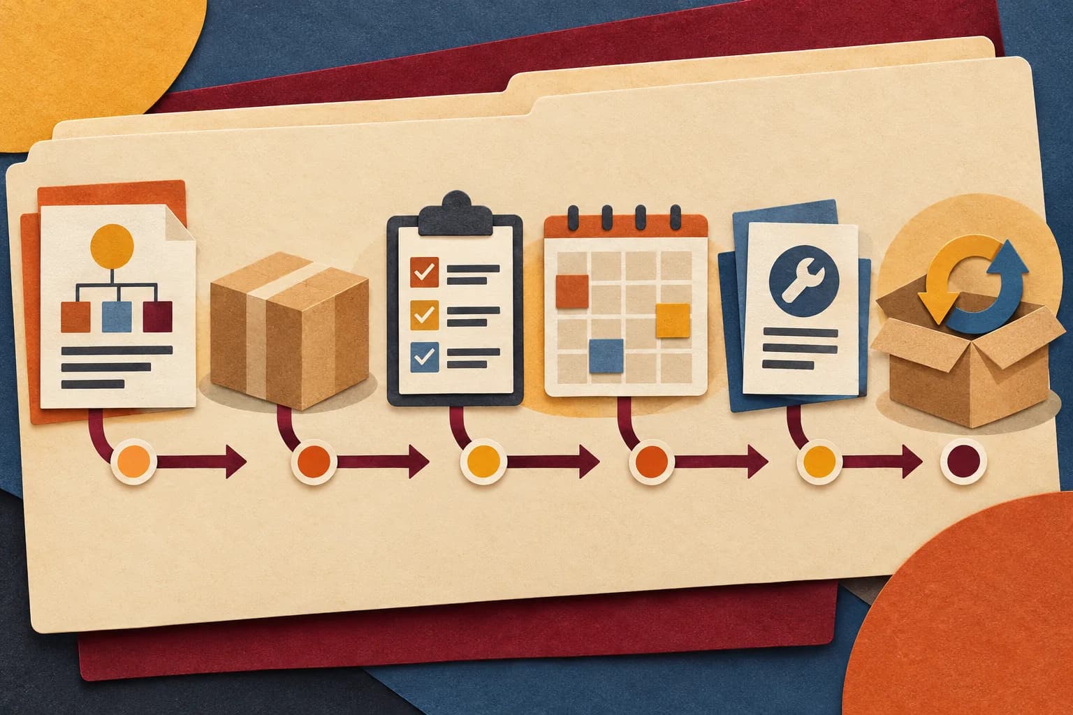Lifecycle planning sheet connecting a procurement folder, delivery, setup, maintenance, and support.