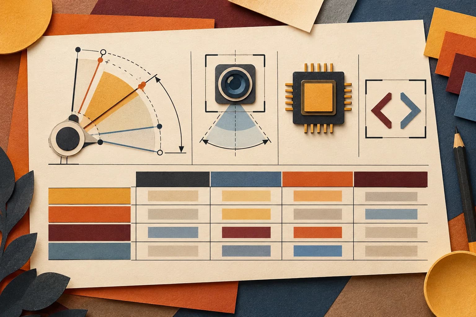 Illustrated technical spec sheet with motion arcs, sensor, compute chip, code symbol, and comparison grid.