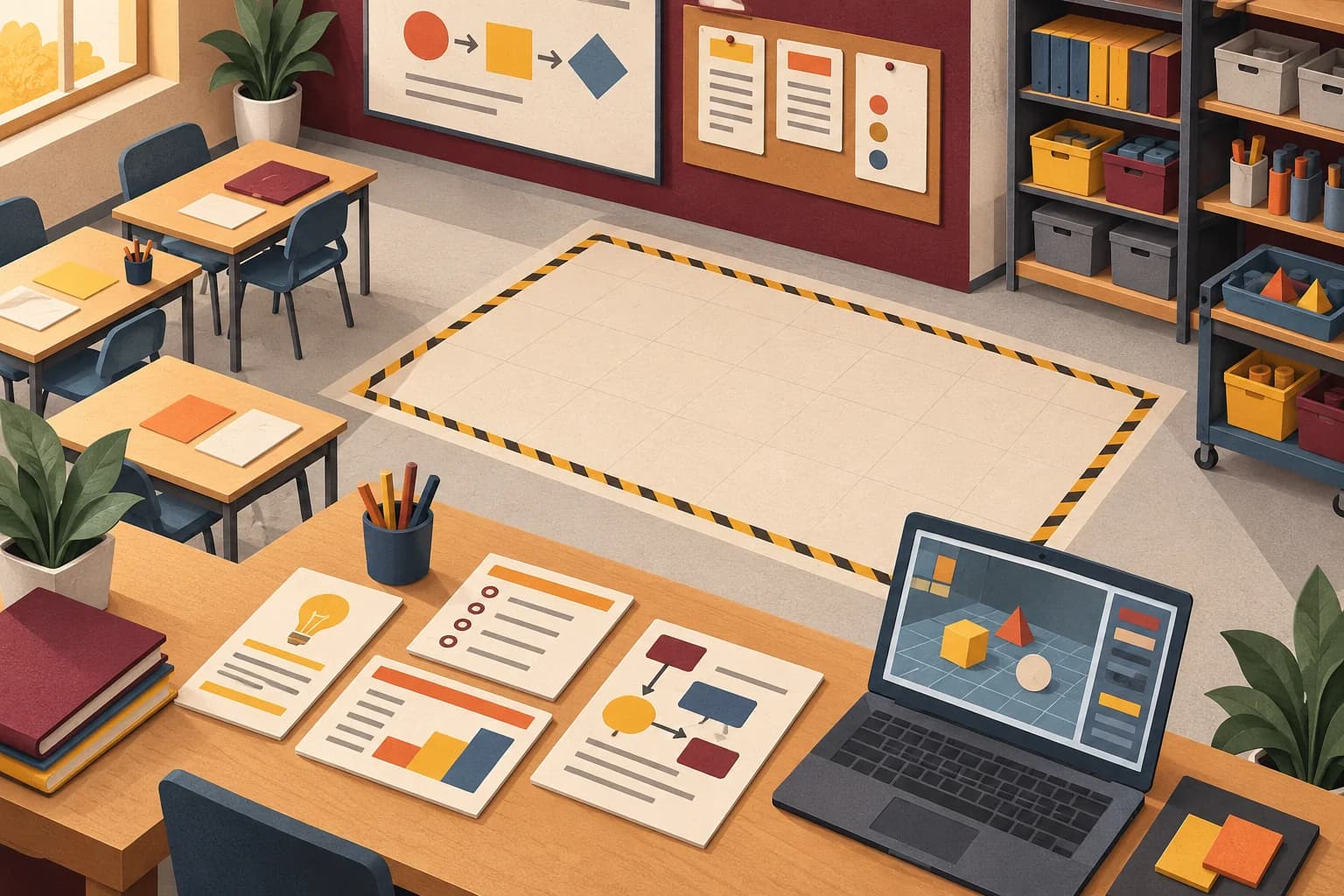 Illustrated teaching lab with a clear practice area, planning cards, and an abstract simulation laptop screen.
