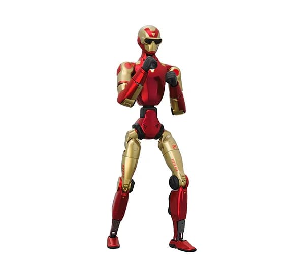 Red-and-gold Unitree R1 humanoid robot in the supplied company colorway