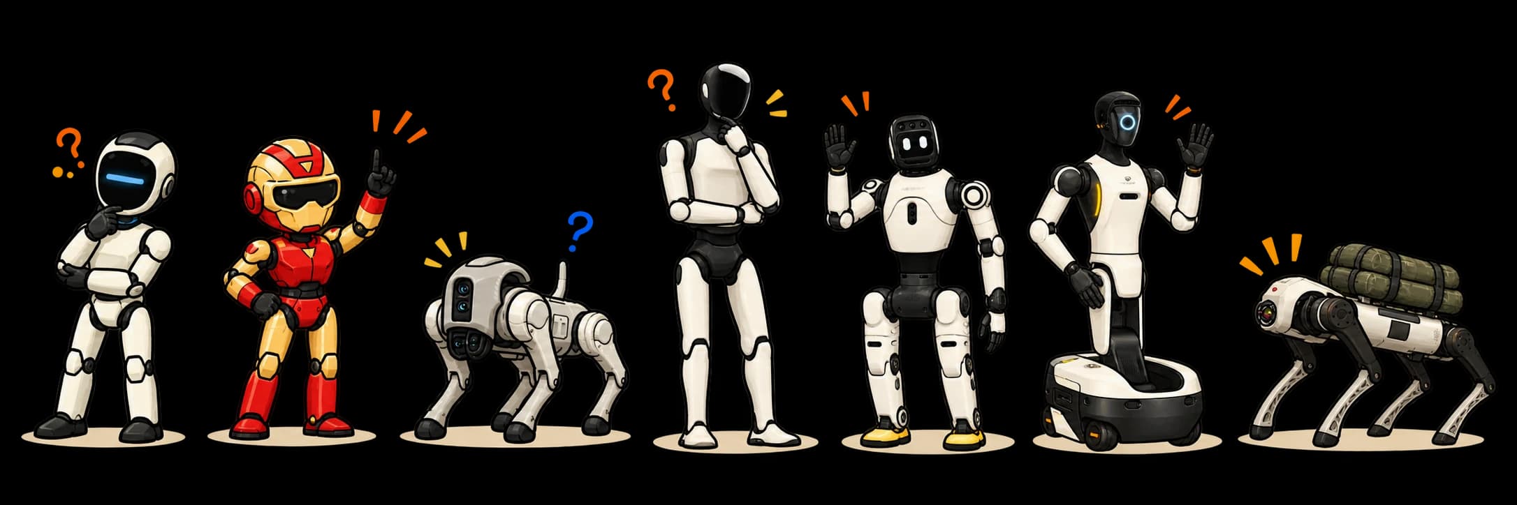 Concept illustration of Unitree-inspired G1, R1 and Go2 alongside AGIBOT-inspired A3, X2, G2 and D1 robots listening and planning together
