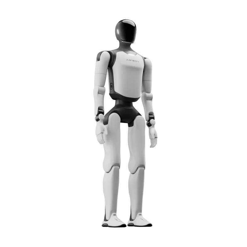Standing full-body A3 with white shell, black face and articulated hands.