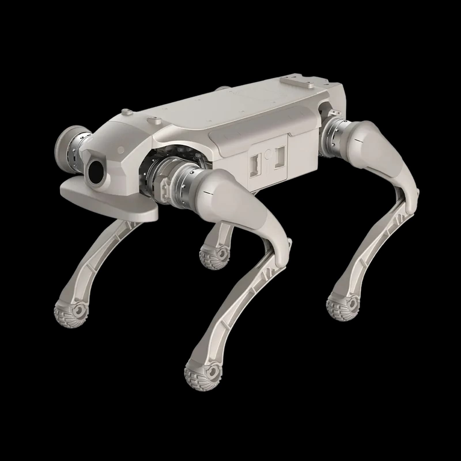 Front three-quarter view of light quadruped with circular sensor opening.