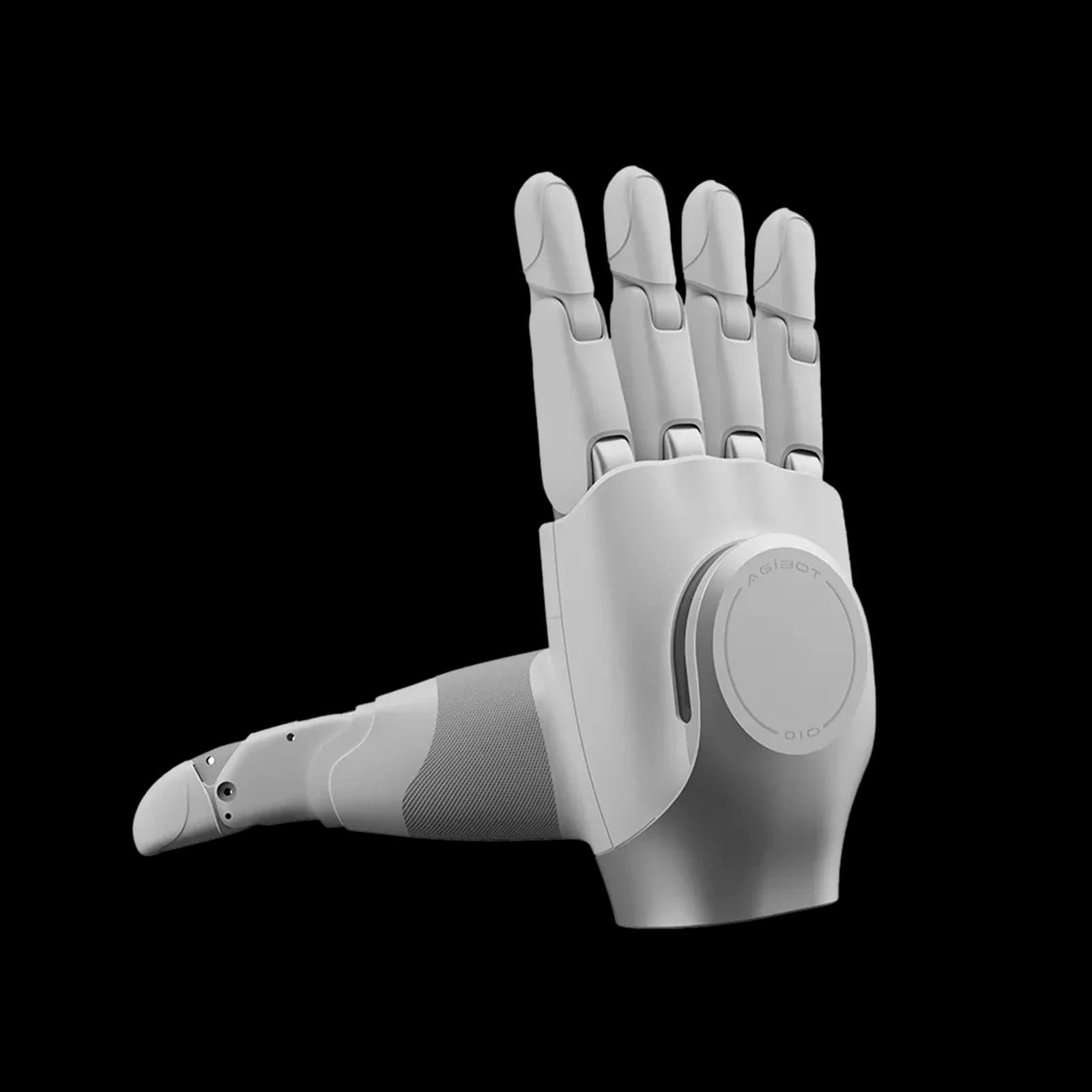 White articulated hand back view with round AGIBOT cover.