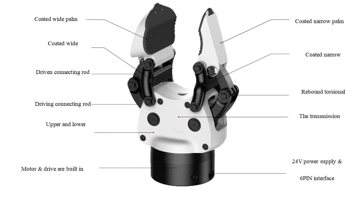 Opposed-jaw gripper with component leader lines and electrical text.