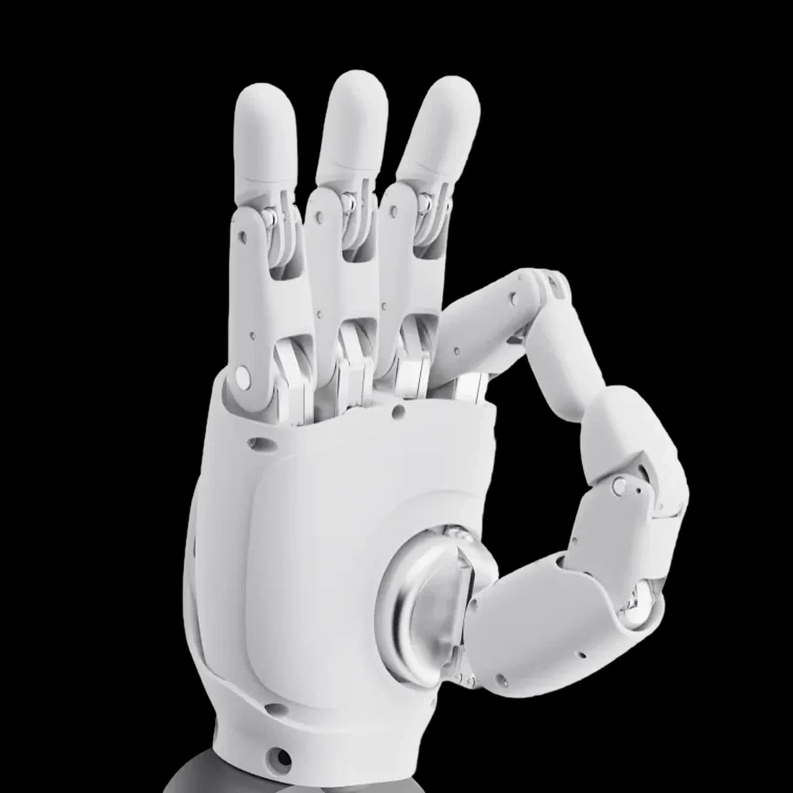 White articulated hand with exposed finger linkages.