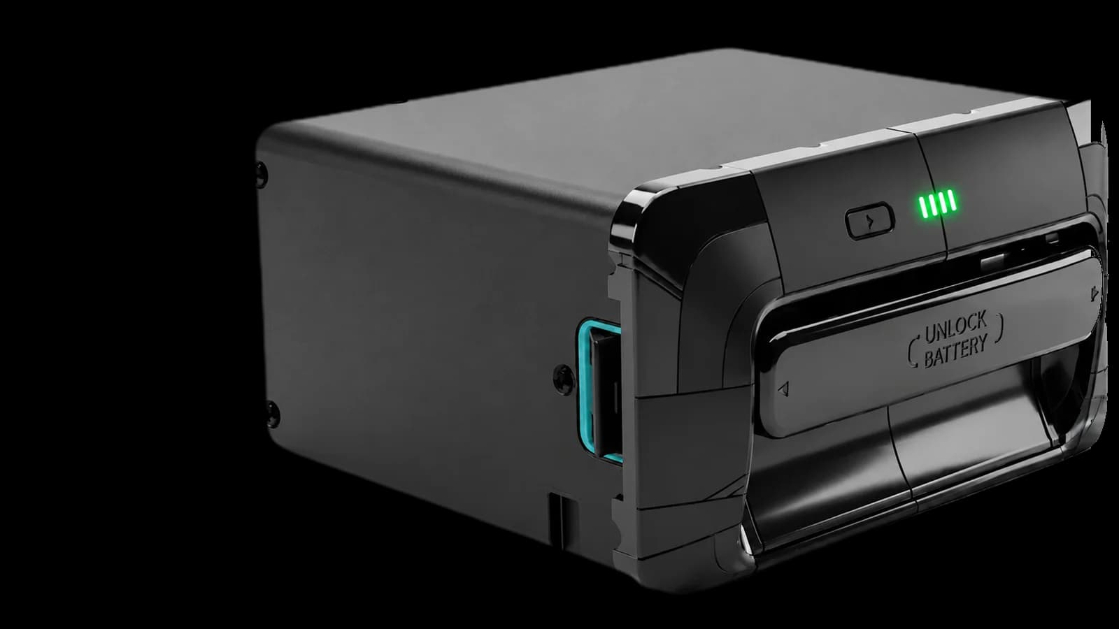Dark rectangular battery module with handle, release marking and green indicators.