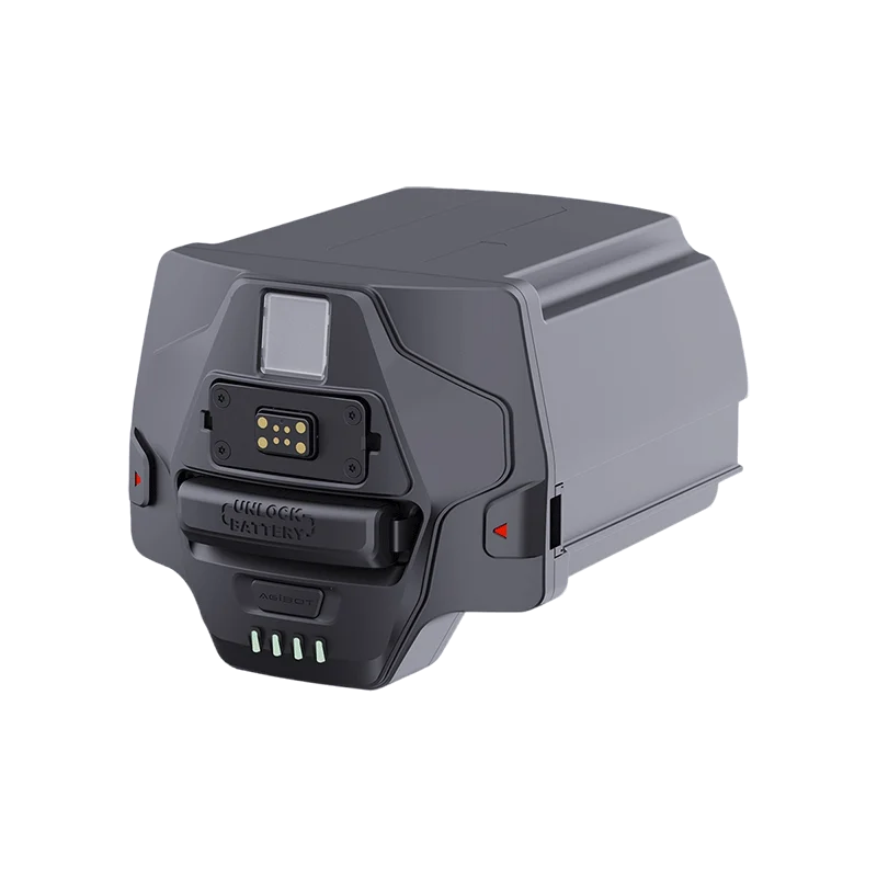 Compact dark battery with contacts, handle and indicator bars.
