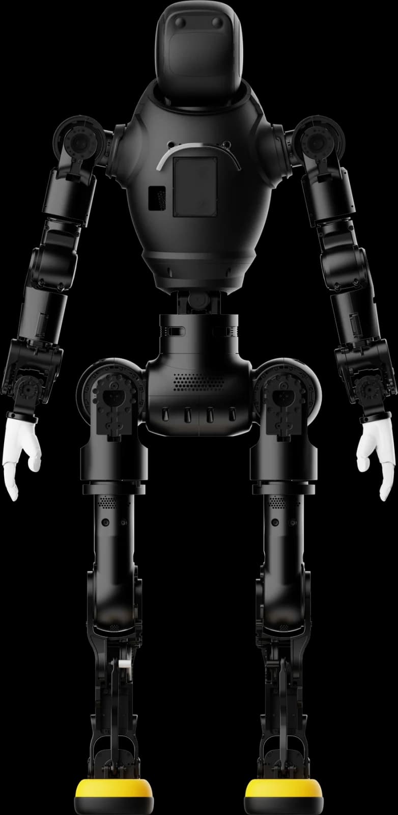 Black exposed-frame X2 humanoid with white hands and yellow feet.