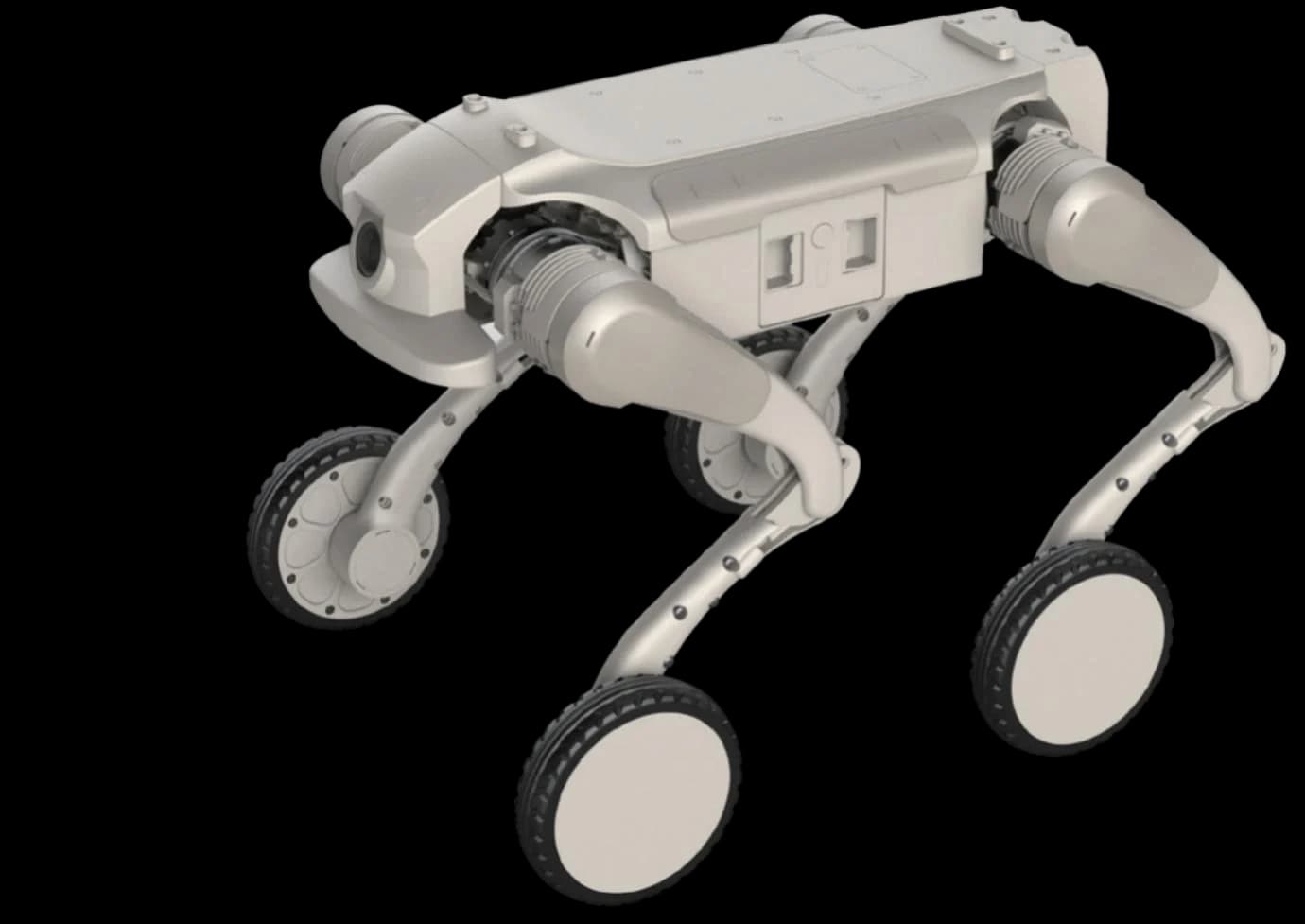 Full metallic wheeled quadruped on transparent/cutout background.