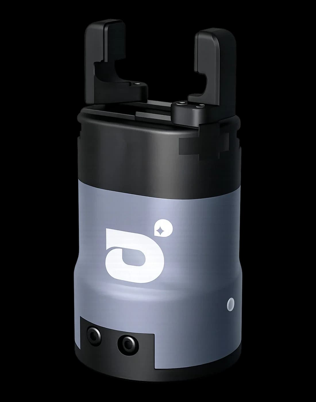 Dark cylindrical gripper with opposed block-like jaws and front apertures.