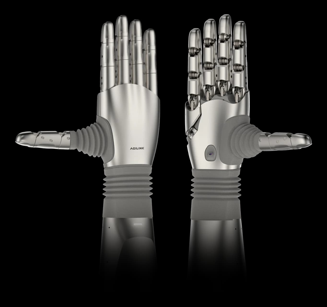 Two silver articulated hand views with wrist bellows and visible internal joints.