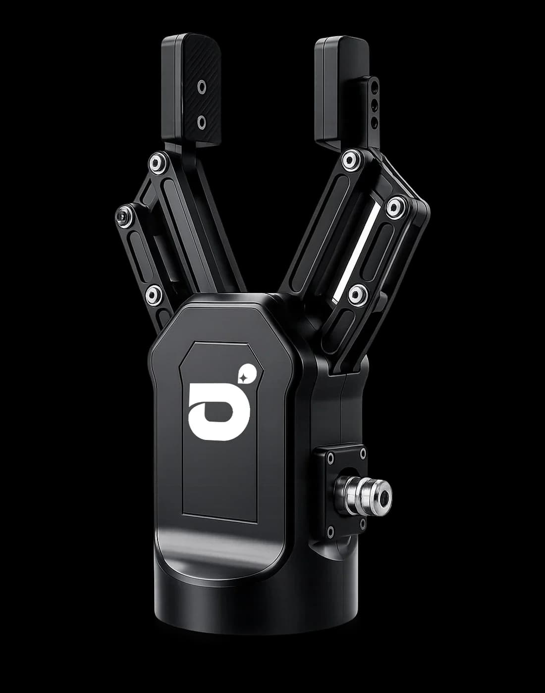 Dark gripper with opposed pads, exposed parallel linkages and side connector.