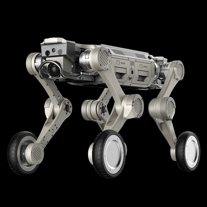 Metallic quadruped with wheels at leg ends and exposed front sensors.
