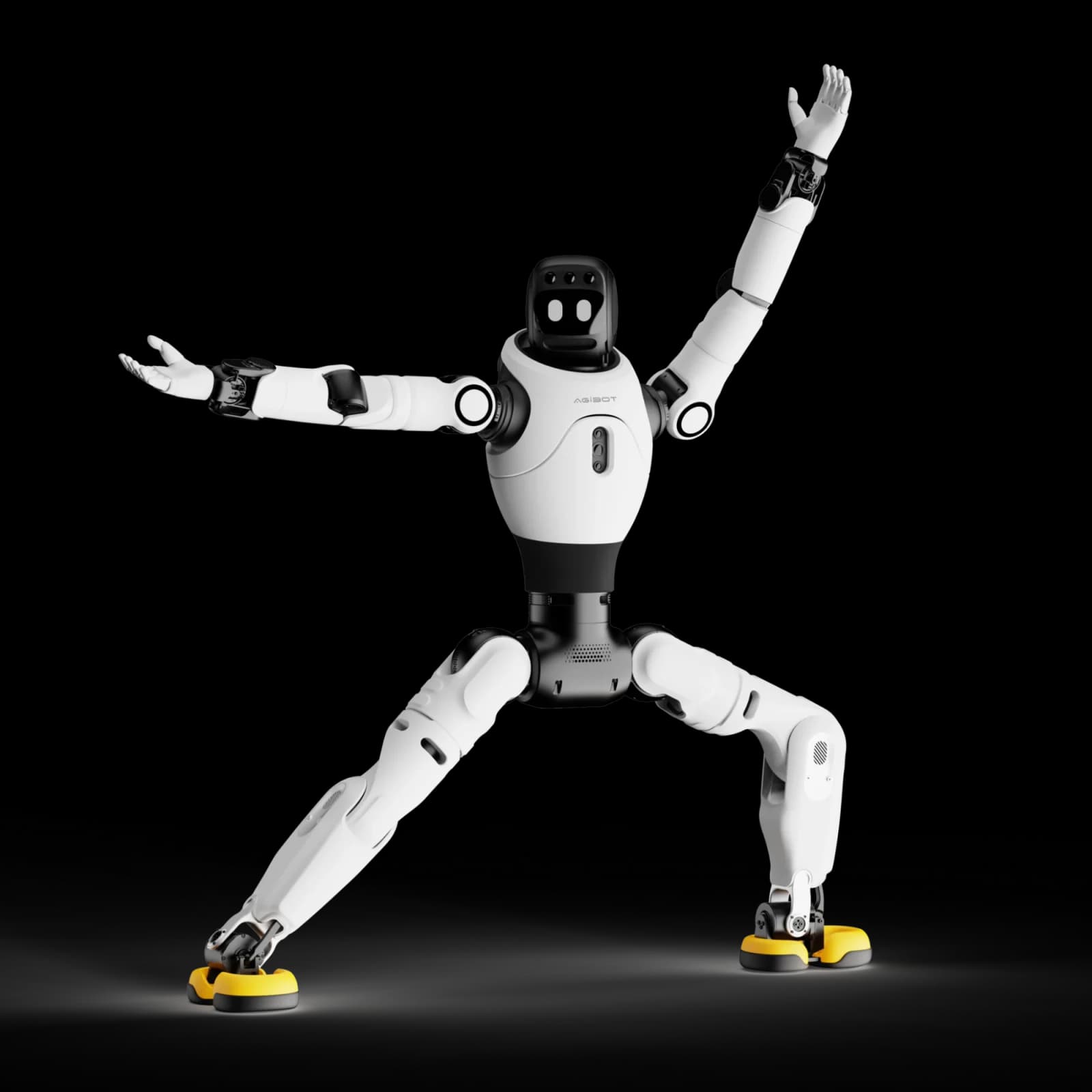 Clad X2 with yellow feet in wide stance and arms raised/out.