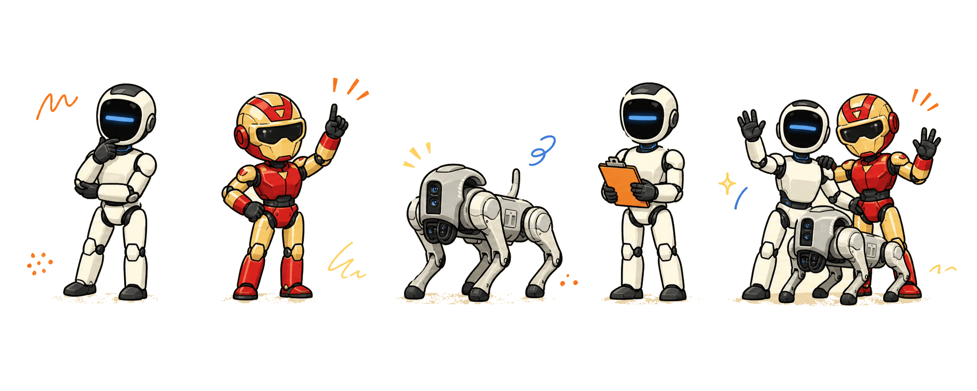 Illustrative G1, R1, and Go2-inspired robots listening, answering, and planning together