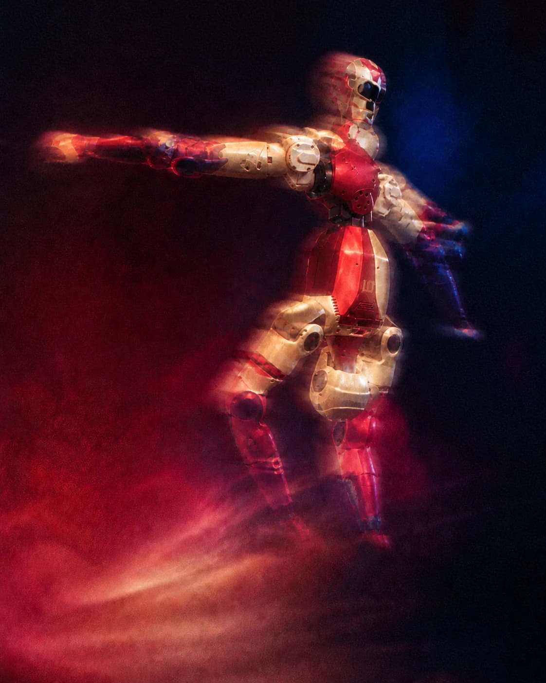 Generated grainy motion artwork of the red-and-gold R1 robot