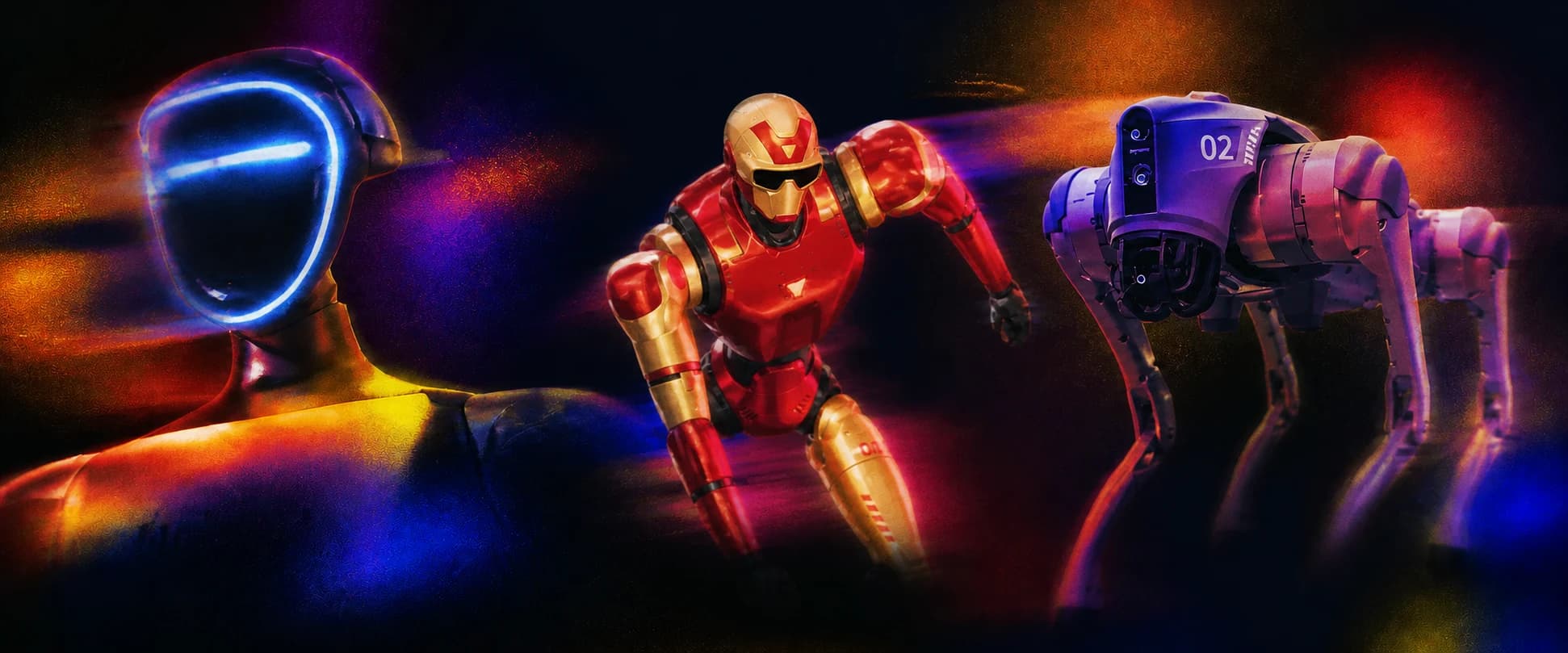 Generated wide light-leak artwork featuring G1, the red-and-gold R1, and Go2