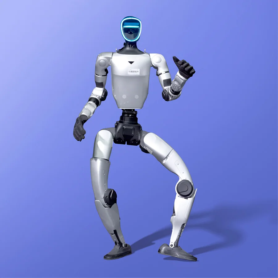 Unitree G1 dancing against a blue studio background