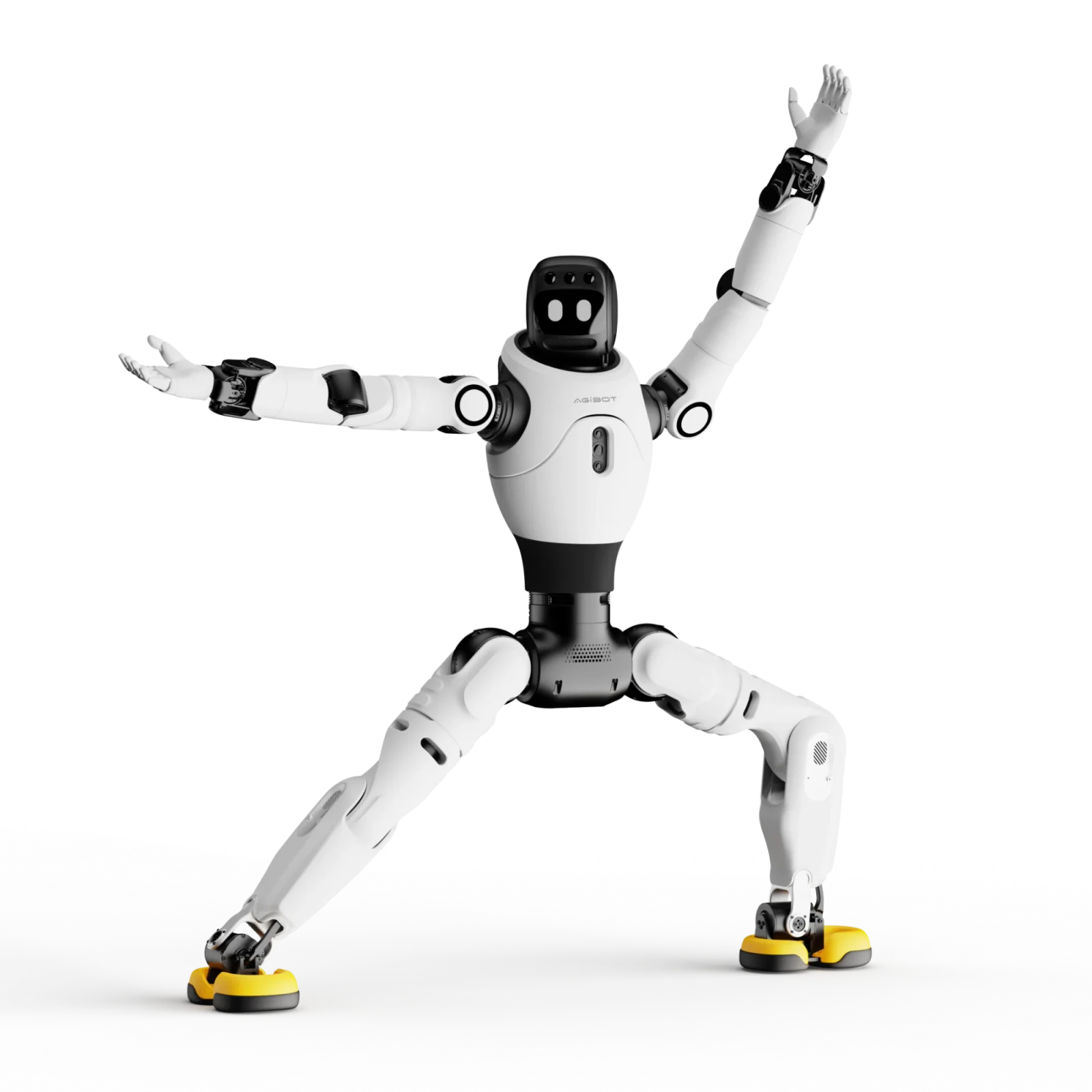 Clad X2 with yellow feet in wide stance and arms raised/out.